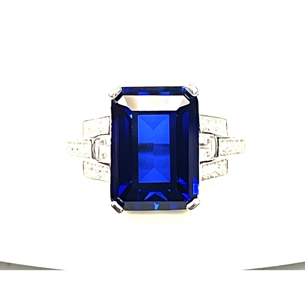Genuine Emerald Cut Lab-Created Sapphire Set in Ring 925 Sterling Silver - Picture 10 of 13